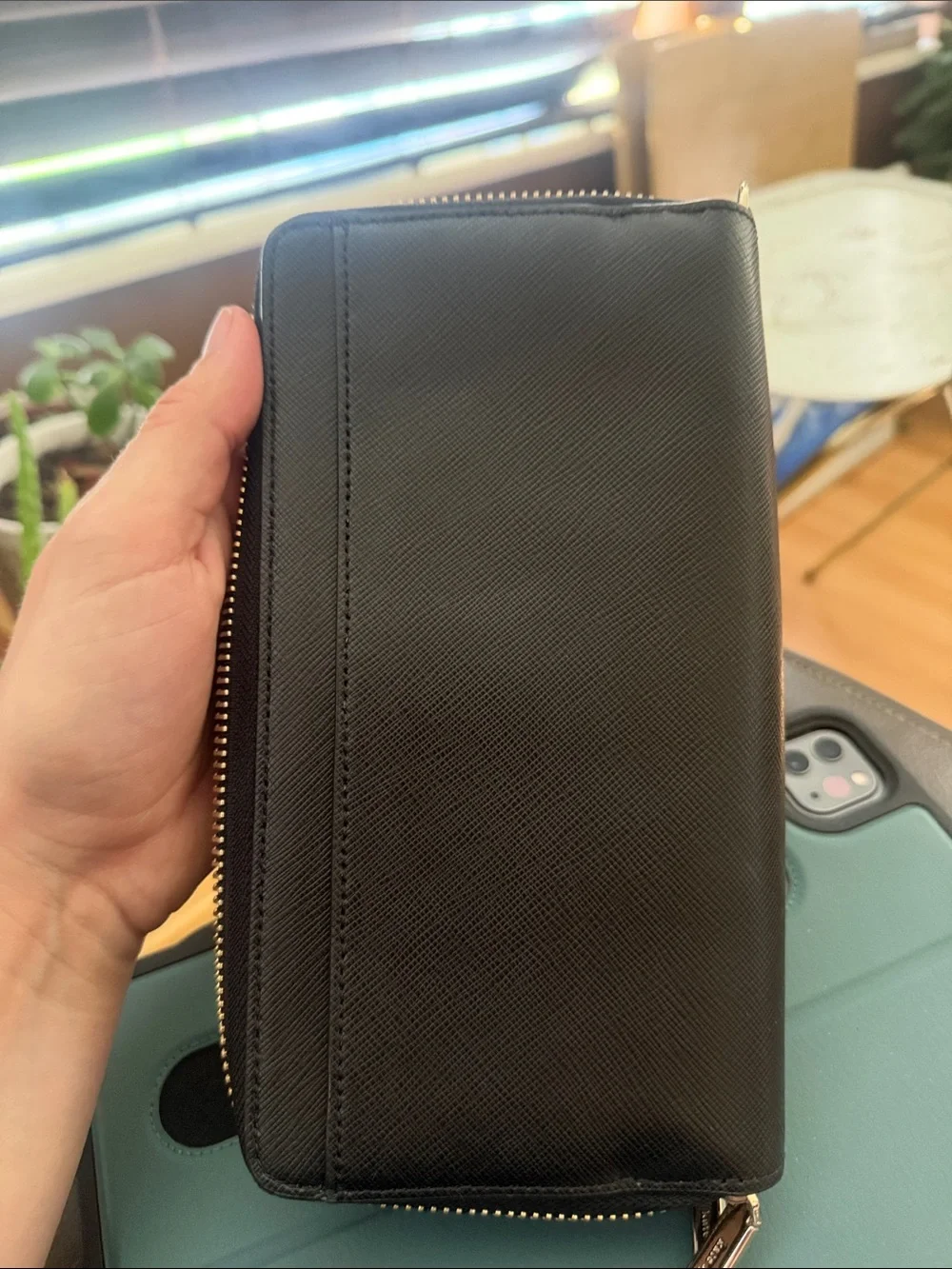 kate spade Black Saffiano Zip Wallet with Gold Logo Plaque